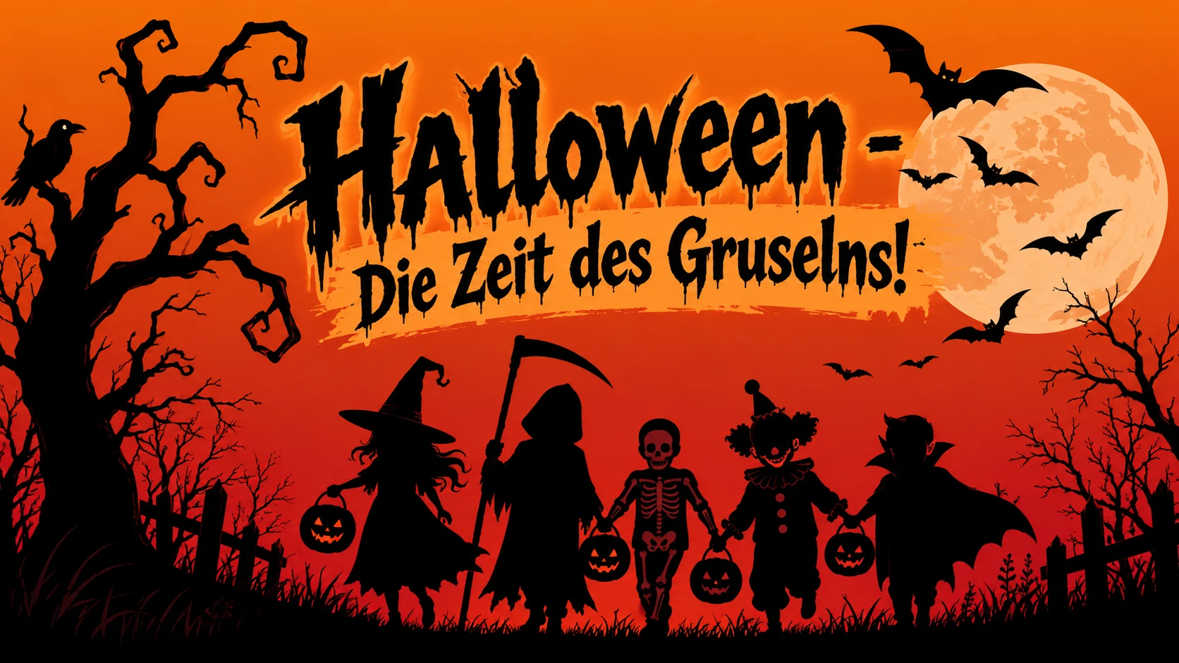 Halloween-Plakat mit gruseligen Figuren und der Aufschrift Halloween – Die Zeit des Gruselns!