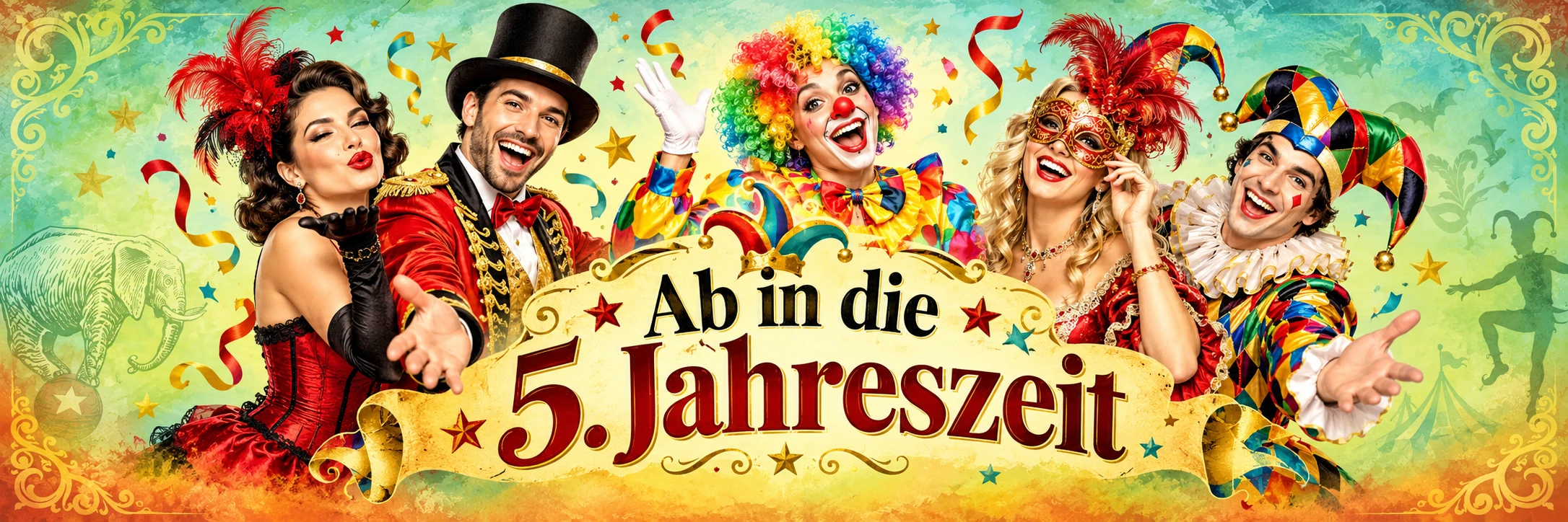 Karnevalsplakat „Ab in die 5. Jahreszeit“ mit verkleideten Personen im Stil des Haus der Geschenke